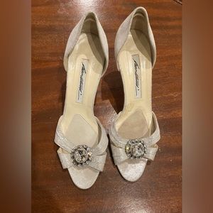 Brian Atwood signed shoes, size 37, silver with rhinestones, 3” heals.
